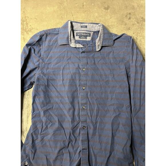 American Eagle Mens Dress Shirt Long Sleeve Medium Slim Fit Blue Button Up‎ - Picture 1 of 4